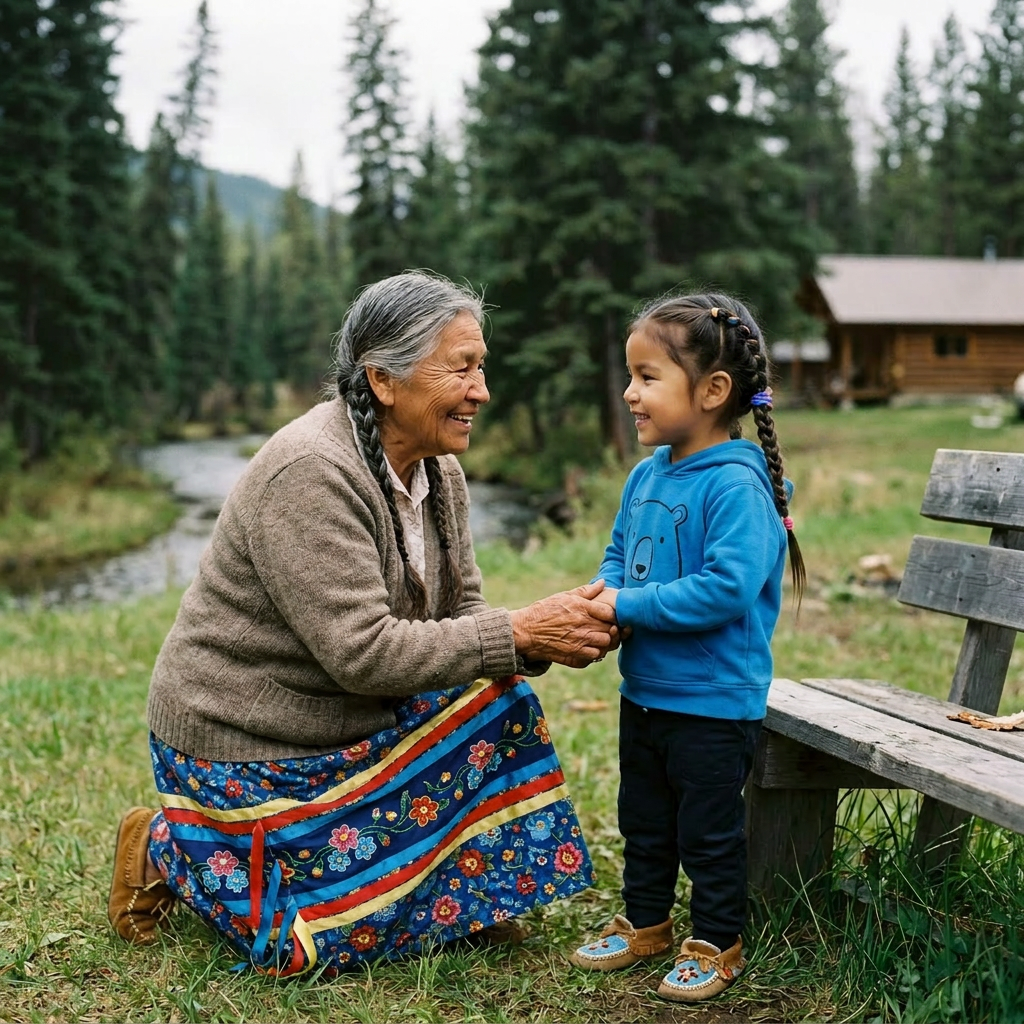 Elderly woman kneeling and holding hands with smiling young boy outdoors