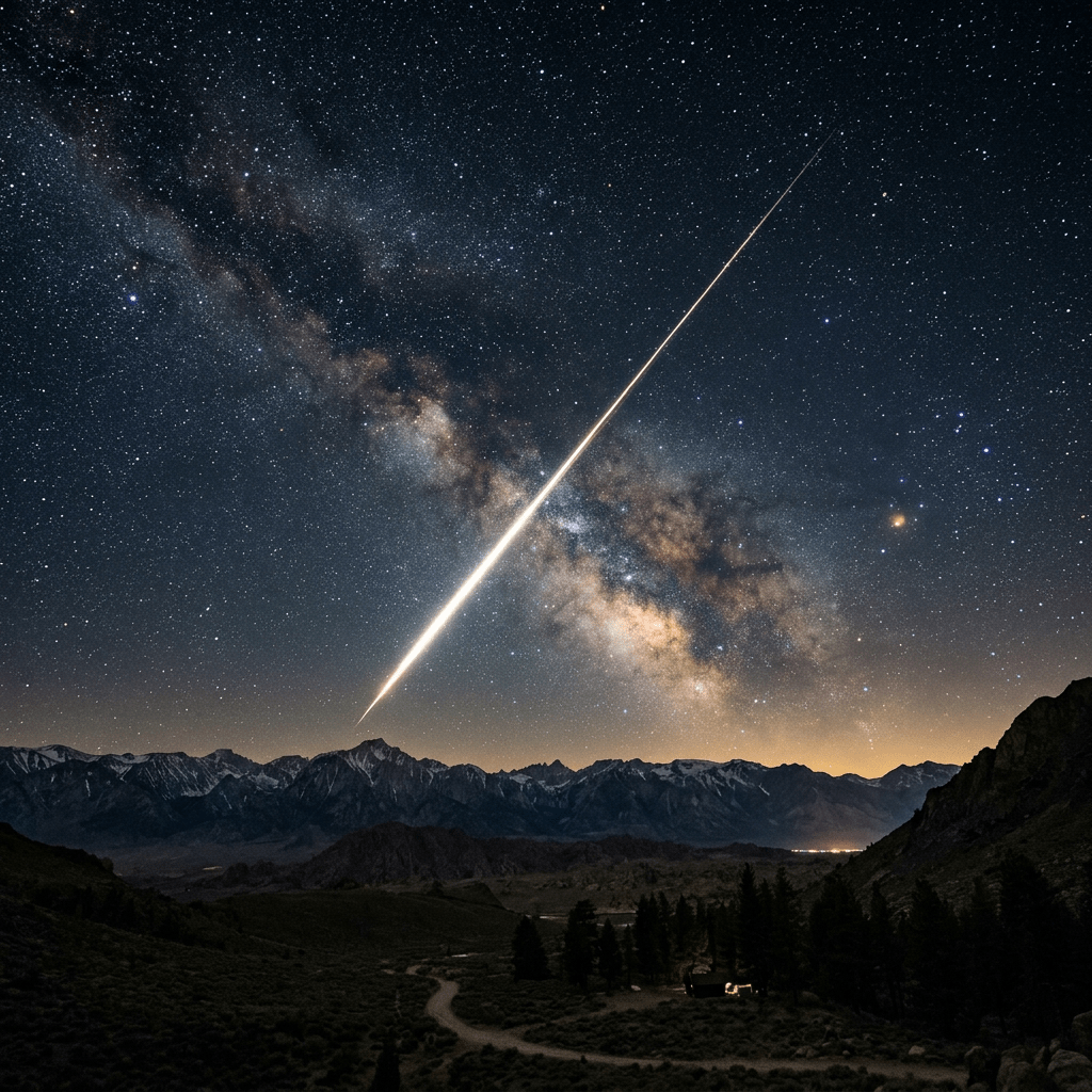 Bright meteor streaking across Milky Way galaxy with mountains below at night